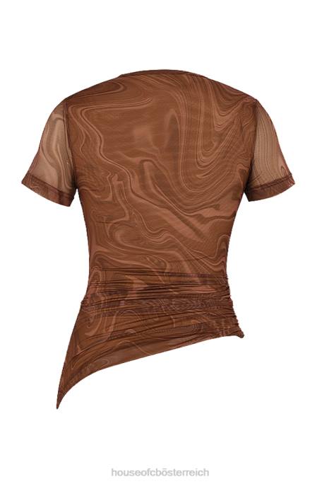 House of CB Kleidung Z26T751 Asymmetrisches T-Shirt mit Claudie-Cacao-Swirl-Print