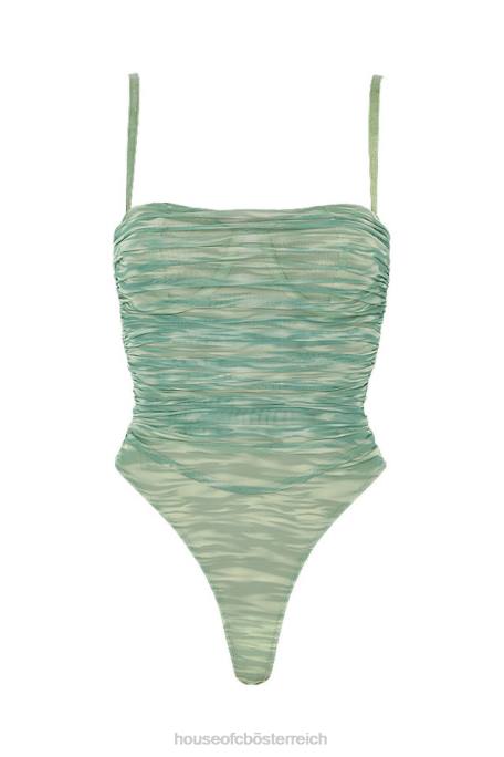 House of CB Kleidung Z26T757 Geraffter Mesh-Body mit Perl-Efeu-Print