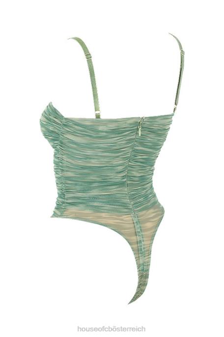 House of CB Kleidung Z26T757 Geraffter Mesh-Body mit Perl-Efeu-Print