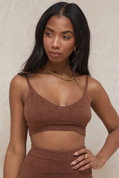 House of CB Kleidung Z26T778 Lorna schokoladenbraunes flauschiges Strick-Crop-Top