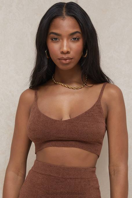 House of CB Kleidung Z26T778 Lorna schokoladenbraunes flauschiges Strick-Crop-Top