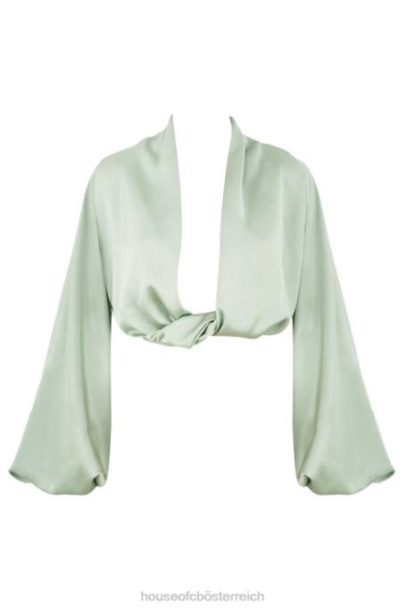 House of CB Kleidung Z26T807 Tosca Salbei Seidensatin-Blouson-Oberteil mit tiefem Ausschnitt