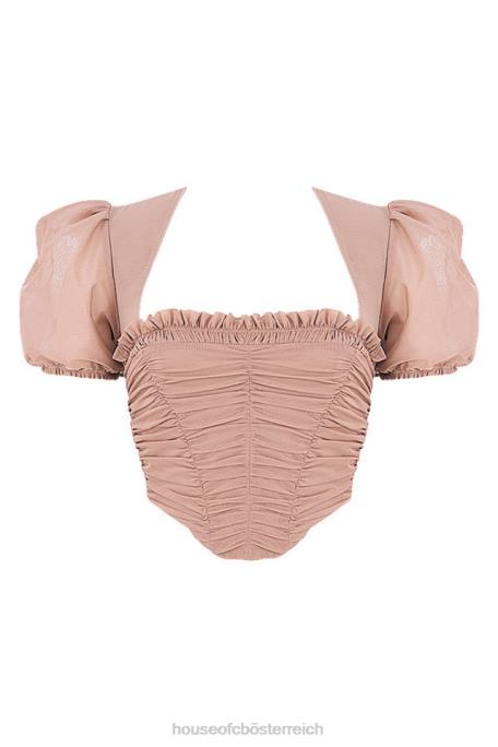 House of CB Kleidung Z26T90 Nora Tan Mesh-Korsett mit Puffärmeln gerafft