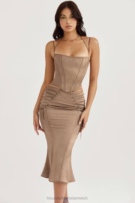 House of CB Kleidung Z26T937 Sidonie Latte Satin-Midirock mit Schnürung