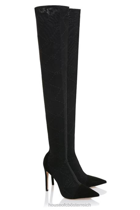 House of CB Schuhe Z26T1088 Escape schwarze Overknee-Stiefel aus Mesh mit Monogramm