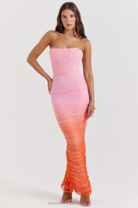 House of CB Kleidung Z26T179 Saphir-Ombre-Maxikleid mit Raffungen